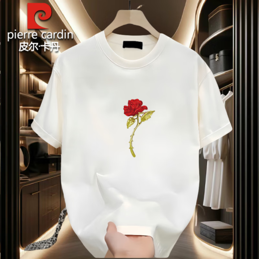 皮尔卡丹短袖T恤男女情侣装潮牌圆领印花体恤纯棉简约宽松百搭半袖上衣夏 白色【前大图K1049 单朵红玫瑰花 S 建议90-斤