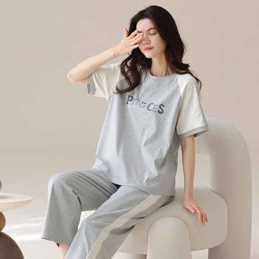 女士短袖纯棉睡衣套装夏季长裤家居服韩版薄款可外穿夏天卡通 Y9717 M (建议75-95斤)