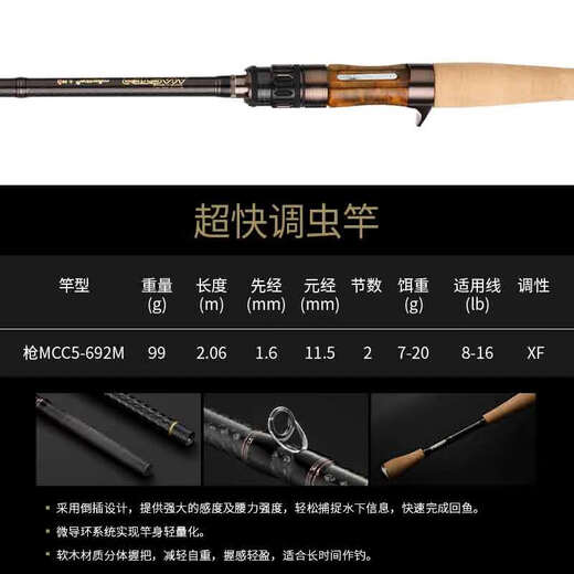 CRONY国礼科尼24款大师典藏五代路亚竿枪直柄鲈鱼鳜鱼翘嘴虫竿远投竿 2.06m 虫系MCC5-692M枪柄2节