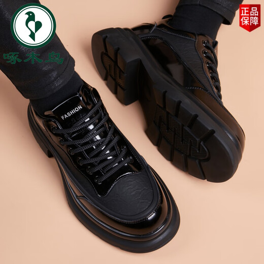 Woodpecker Leather Shoes Men's 2025 New Genuine Leather Young Men's Sports Men's Casual British Style Business Black Soft Leather Trendy Shoes Black Ordinary Style 38