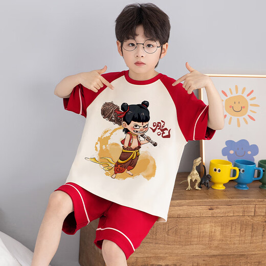 
LangSha (LangSha) Children's Nezha Pajamas Boys Small Medium Large Children Summer Short Sleeve Thin Cotton Home Suit Boys Student Cartoon Set LT694 160 Recommended 150-160CM/80-95Jin [Jin equals 0.5 kg]