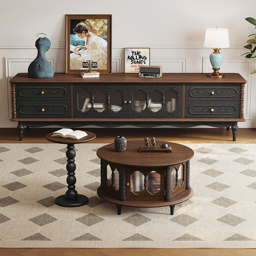 
Harmony Dujiang French retro solid wood TV cabinet coffee table medieval style combination small living room floor-standing storage cabinet 2 Minoson TV cabinet walnut color + retro black