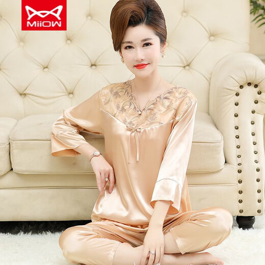 
Catman MIIOW ice silk pajamas for women with cropped sleeves new style summer middle-aged and elderly mothers can wear home clothes outside 683 bean paste [cronylene sleeves trousers] M Recommended 80-100Jin [Jin equals 0.5 kg]