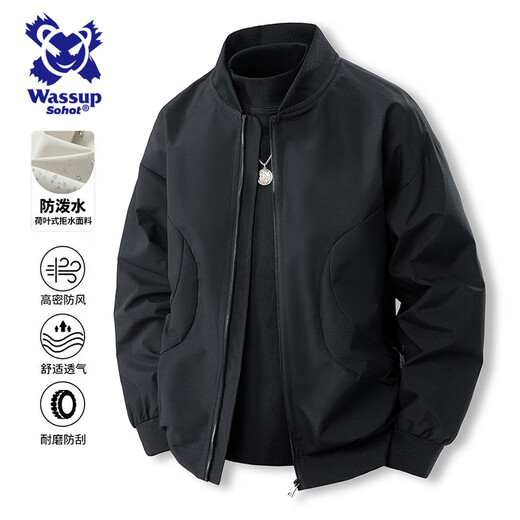 Wassup Sohot Jacket Men's Spring Autumn Pilot Jacket Men's Casual Loose Workwear Baseball Uniform Men's Black XL