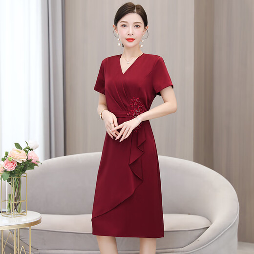 康多蜜婚礼妈妈装高档礼服平时可穿的喜婆婆婚宴装国庆结婚连衣裙小个子 红色[6197款原版质量] L [建议110斤以下]
