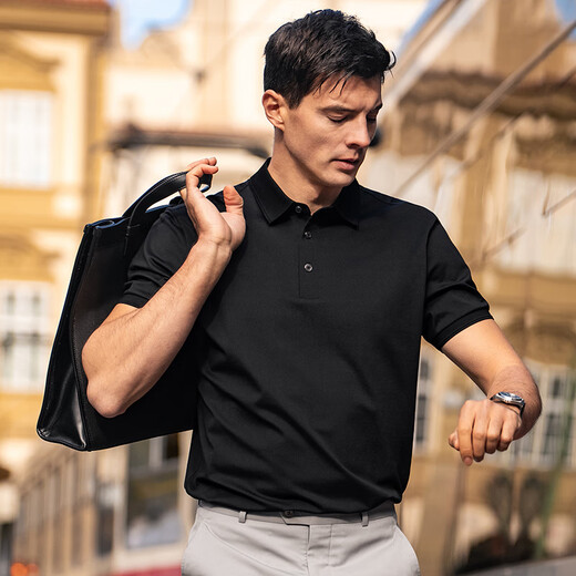 Mr. Bu patented collar three-pin button exquisite business POLO men's summer moisture-absorbing and breathable solid color short-sleeved AT12161 piano black XL (180)
