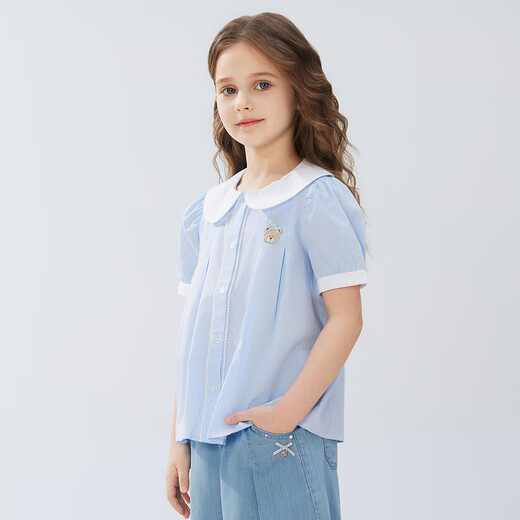 PawinPaw cartoon bear children's clothing 25 spring and summer new girls cute lapel short-sleeved shirt sweet Blue blue/50 120