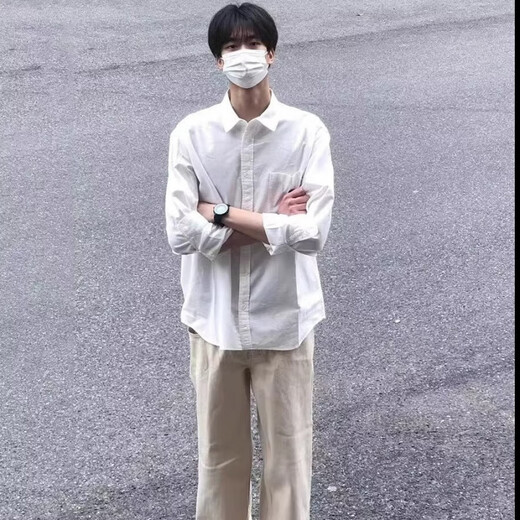 Мужская рубашка с длинными рукавами Digada на весну и осень, однотонная, свободная и универсальная, американская простая красивая повседневная рубашка-рубашка, низ топа ORH-C12, белый 2XL (размер слишком мал, рекомендуется увеличить его на один размер)