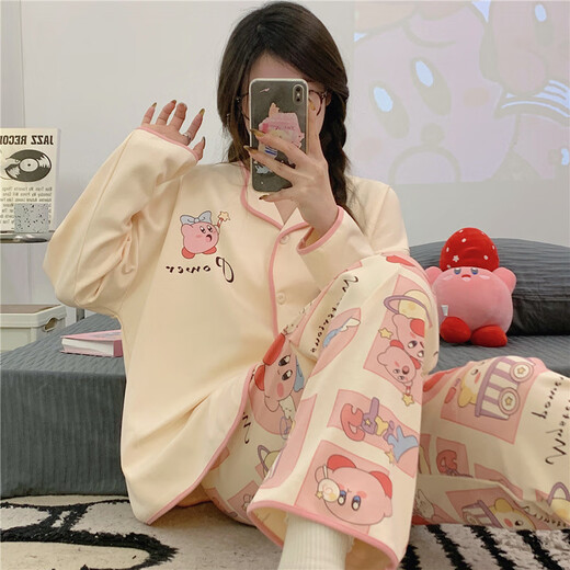 FHHUABDins style internet celebrity new pajamas spring and autumn cardigan thin long sleeve trousers loose princess style home clothing set 9209 three-eyed monster M [recommended 80-100Jin [Jin equals 0.5 kg]]