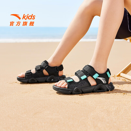 ANTA children's sandals, boys' shoes, 2026 summer new style, arch cross-sea Velcro outdoor beach shoes, one-leg black/raccoon green-1 34 size