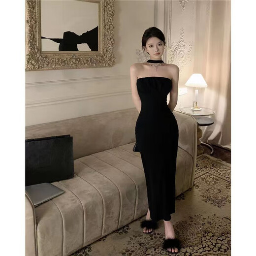 Plain brocade halter neck sling dress for women pure desire style design dress long skirt spring and summer waist-hugging slim princess skirt halter neck bow slim slit skirt [M]