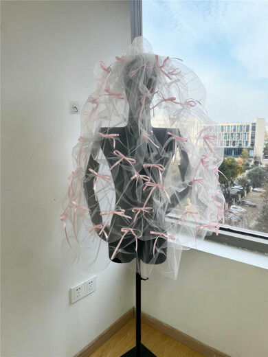 雅鸽新款复古粉色蝴蝶结头纱蓬蓬褶皱头饰森系新娘影楼摄影拍照配饰品 蝴蝶结头纱 60cm-80cm