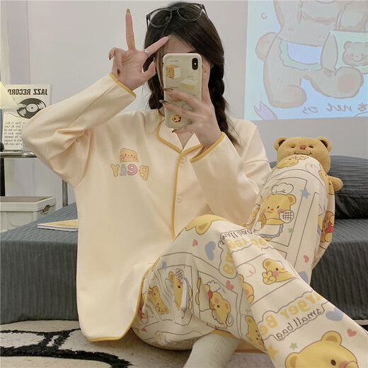 FHHUABDins style internet celebrity new pajamas spring and autumn cardigan thin long sleeve trousers loose princess style home clothing set 9209 three-eyed monster M [recommended 80-100Jin [Jin equals 0.5 kg]]