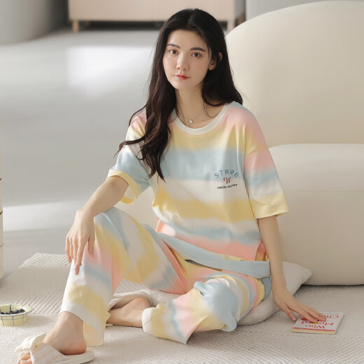 夏季女士短袖睡衣套装纯棉长裤家居服全棉可外穿夏天条纹卡通 Y9721 M (建议75-95斤)