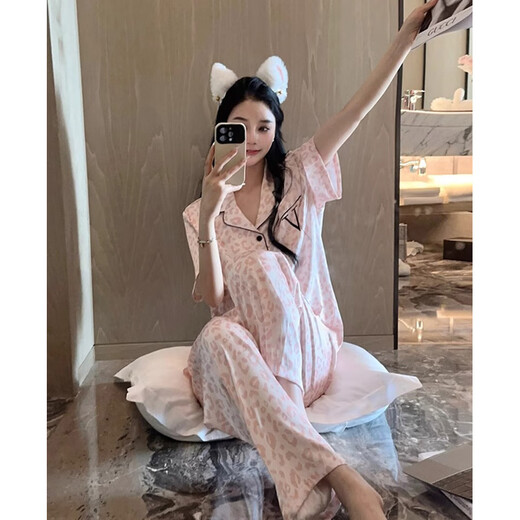 莫代尔睡衣夏天女网红ins高级感短袖长裤豹纹两件套韩版气质冰丝家居服 套YFY9905【面料】 L (建议100-120斤)