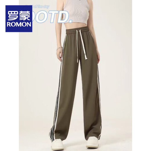 罗蒙（ROMON）海岛绿纯棉阔腿裤女夏季薄款2025高腰垂感休闲窄版显瘦运动直筒裤 687#烟灰色【小个子】 【纯棉面 S 【建议90斤以下】