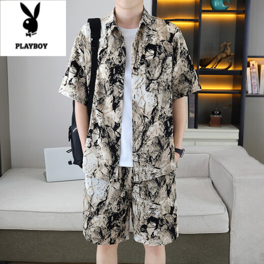 花花公子（PLAYBOY）痞帅衬衣一套男夏季冰丝套装感花衬衫短袖短裤沙滩两件套搭配 679白色套装 M 110斤以内