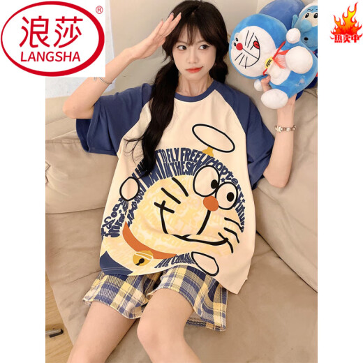 浪莎（LangSha）睡衣女纯棉夏季短袖短裤薄款卡通加大码200斤夏款女士家居服套装 WB短.袖1343 M 小码(80-100斤)