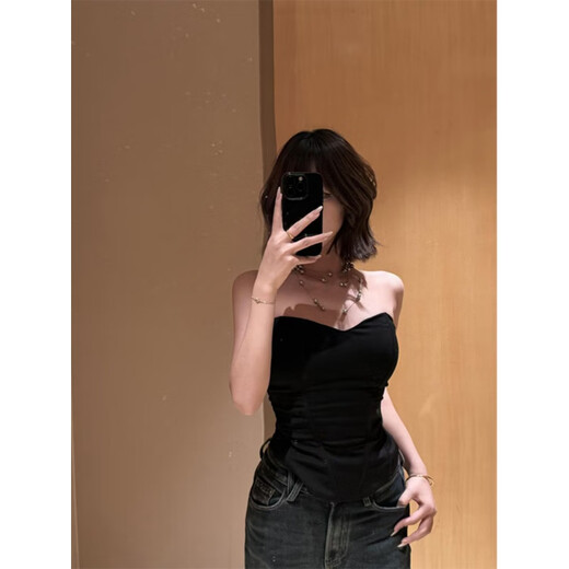 Chuangjingyi elige un top de tubo negro para el verano, top corto sin hombros adelgazante para chica caliente, negro S