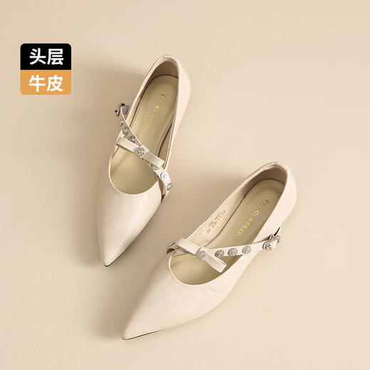 Zhr Top Layer Cowhide Mary Zhen Chaussures pour femmes Boucle de mode polyvalente Soft Sole Light Bouche célibataire pour femmes S687 BEIGE 36