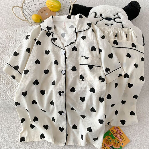
Three-piece pajamas for women in summer short-sleeved shorts trousers cardigan student home clothes thin cartoon ladies suit 9905 meters white spade heart three-piece set L