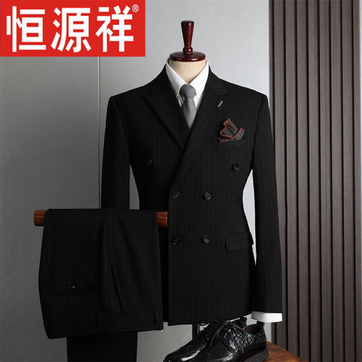 Hengyuanxiang suit men's suit wedding double-breasted British style lapel groom engagement wedding slim striped formal suit double-breasted black 2-piece set (top + pants) S (98-110Jin Jin equals 0.5kg)