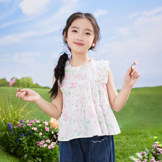 Inman girls' pure cotton breathable shirt with flying sleeves summer new medium and large children's short-sleeved top with ruffle decoration pink flower 140