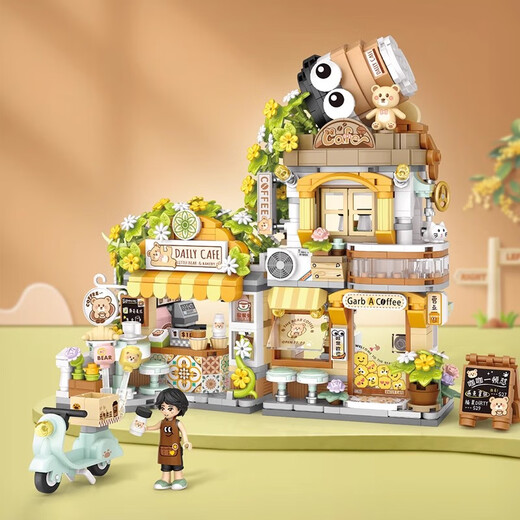 Lizhi (Loz) Chinese style folding street view building blocks bear coffee assembly panda teahouse high-value construction shop 1389/tea combination