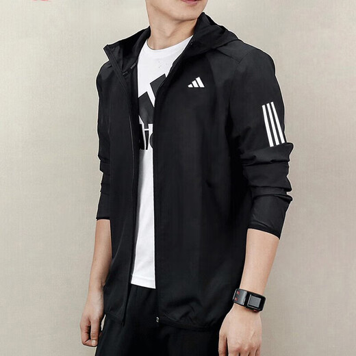 Adidas jacket men's 2025 summer new sportswear running fitness training woven hooded jacket casual top IN1483 black M
