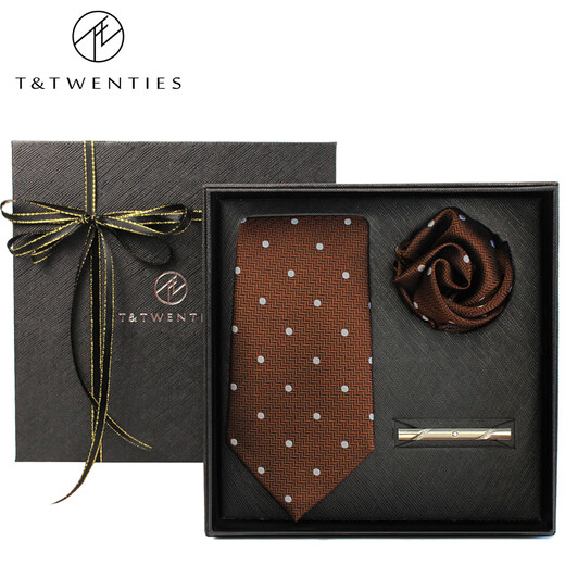 T / vingt ans French Polka Dot Brown Silk Tie à rythme des hommes Brown Brown Men's Formeal Weffice Retro Retro Mariage Tendance Cravate + Pocket Pocket Veste Tie Boîte cadeau