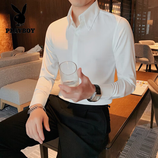 Playboy (Playboy) Camisa blanca sin textura de alta gama Camisa delgada de manga larga de manga larga sin hierro Camisa de boda para hombres casuales White L 115-125Jin [Jin iguala 0.5 kg]