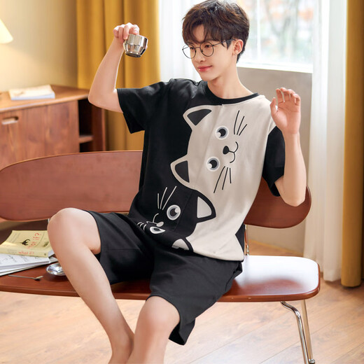 瓦菲莎睡衣男夏季棉质短袖薄款加大码卡通青少年男士家居服套装夏天 短袖1098懒熊 M [小]]建议身高155CM左右，体