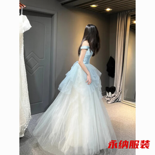 Xuan Tuya one-shoulder evening dress for women high-end light luxury niche adult ceremony banquet temperament graduates day princess dress forest style blue back strap) L