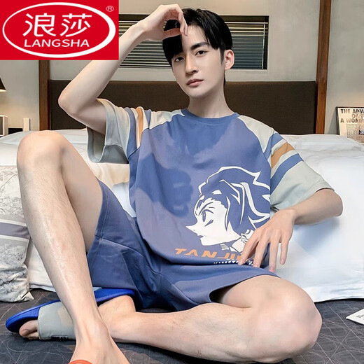 浪莎（LangSha）2025新款胖子睡衣大码加肥加大男薄款短袖纯棉套装肥佬特大码5XL 1343#条纹芝麻 M 小【155cm左右，体重75-90斤