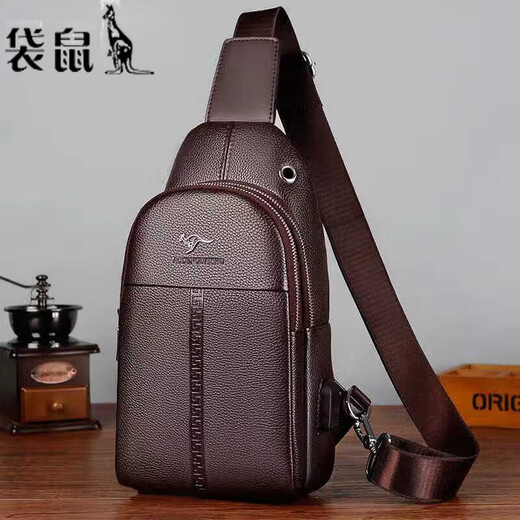袋鼠真皮质感男士胸包运动斜挎包男包夏季小包男包背包休闲大容量腰包 黑色7029[升级新款]