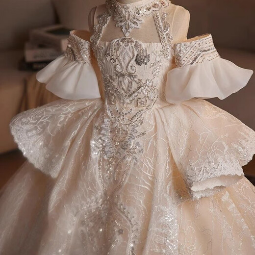 Pisces Kaninchen Kinderkinder kleines Mädchen Prinzessin Kleid Girls Hochzeitskleid Neue Pumpy Piano Flowers Host Birthday Beige 140