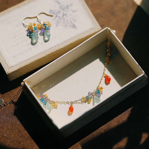 Paopu Chunshui Chunchiman original design fresh strawberry crystal tanzanite 14K gold-injected handmade bracelet, one size fits all, wrist circumference 14-16 cm