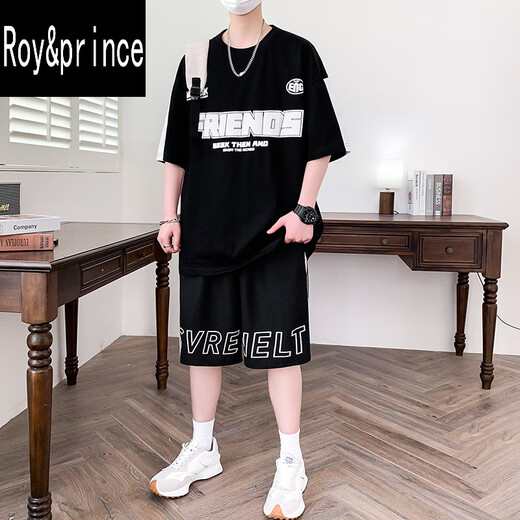 罗伊王子&Roy&prince短袖套装男潮流t恤12-15岁青少年初中学生帅气夏装13大童运动14 JYZJ-9905白色(上衣+短裤) XL 115至130斤