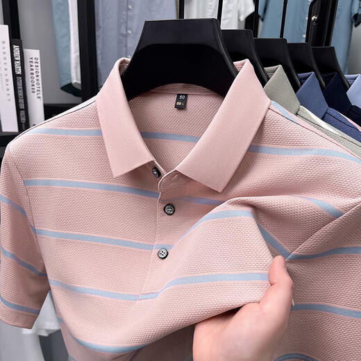 Kangaroo (DaiShu) short-sleeved T-shirt for men 2025 summer trendy striped lapel half-sleeved business casual loose plus size top middle-aged AN15100 light sky blue XL