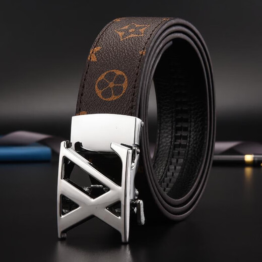 Classic letter belt for men's genuine leather business casual versatile automatic buckle belt new pure cowhide high-end trouser belt xz/black buckle/black old flower 130cm