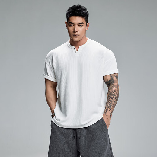 MUSCLEDOG肌肉狗 健身短袖男夏季新品撞钉宽松休闲亨利衫训练服运动T恤 黑色 XL