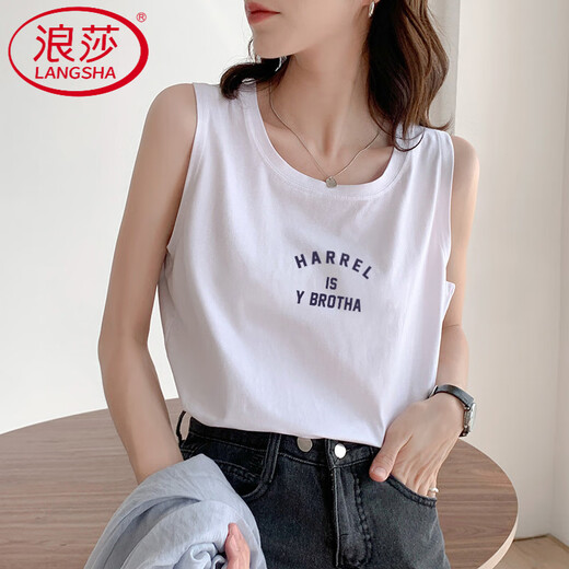 浪莎（LangSha）轻奢新款黑色工字背心女春夏外穿棉吊带色内搭宽松无袖恤上衣潮 6187白色 M