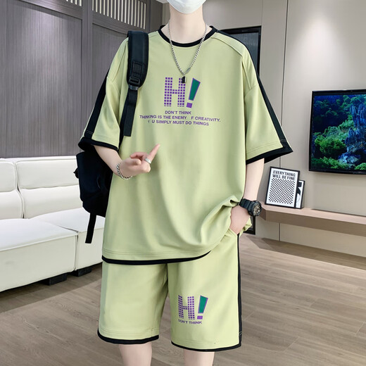 蕴印青少年夏季新款运动套装12-15岁男孩学生短袖t恤大童冰丝短裤衣服 9926米色套装 3XL 约155-170斤可穿