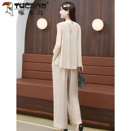Woodpecker (TUCANO) European fashion cool ice silk sleeveless suit for women 2025 summer new loose slimming and slimming meat and fashionable two-piece set apricot color set (high-quality heavy cotton) XL 120-135Jin [Jin equals 0.5 kg]