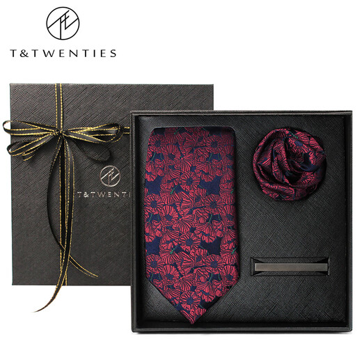 T&Twentiesvintage真丝男士领带结婚正装商务新郎红色复古婚礼酒红色桑蚕丝 真丝领带+袖扣1对+领带夹穿