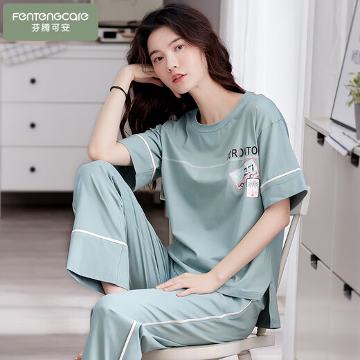 浪莎睡衣女款夏季2025新款纯棉薄款宽松家居服短袖长裤休闲可外穿套装 可安7371 XL 【建议120-140斤】