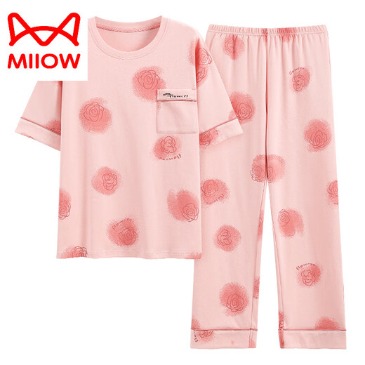 猫人（MiiOW）织睡衣女夏季纯棉短袖长裤薄款全棉夏天女士家居服套装春秋季 YZT9712主图款 短袖长裤 M 80-100斤