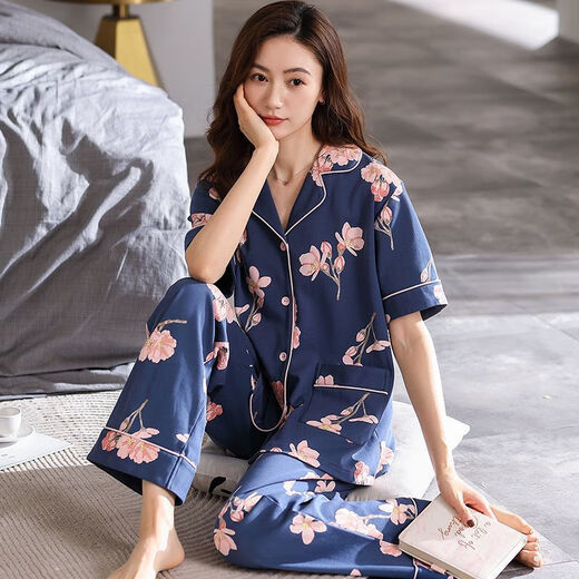 浪莎（LangSha）2025年新款睡衣女式夏季短袖长裤翻领开衫中年妈妈家居服可外穿 PDDQ9922 L 【建议100-120斤】