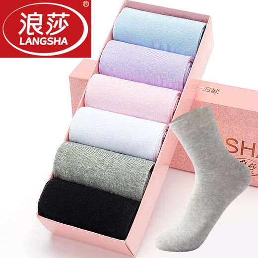 浪莎（LangSha）袜子女纯棉夏季中筒袜全棉超薄防臭透气吸汗四季白色少女学生棉袜 100%棉【春秋袜6双】混色 699款 均码 35至39码