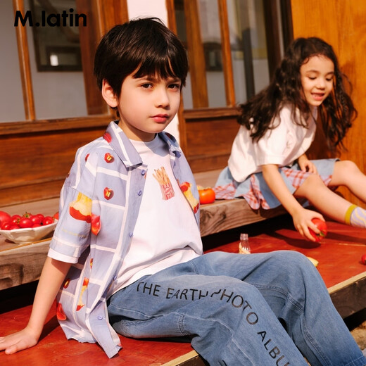 Ma Latin (M.Latin)/Shopping mall same style children's short-sleeved shirt summer new apple print shirt floral blue 110